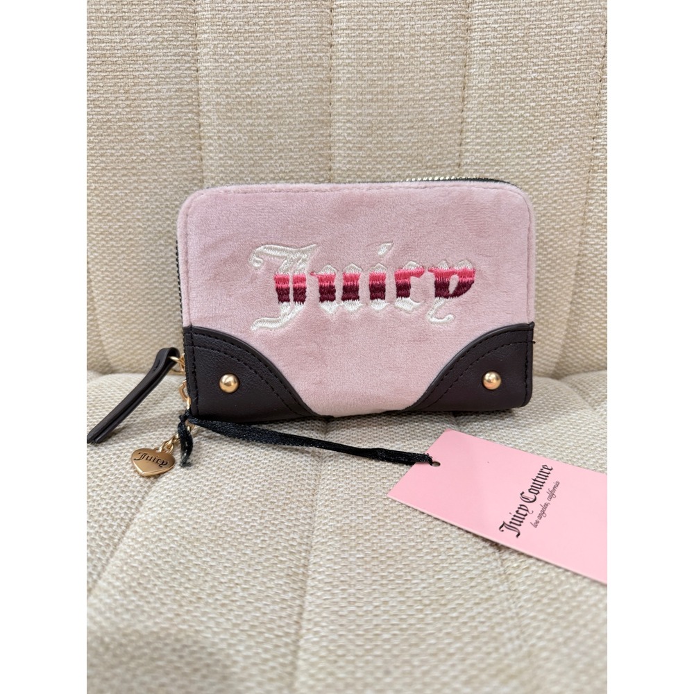 NEW Juicy Couture Pink Velour Dark Brown Double Zip Bifold Wallet